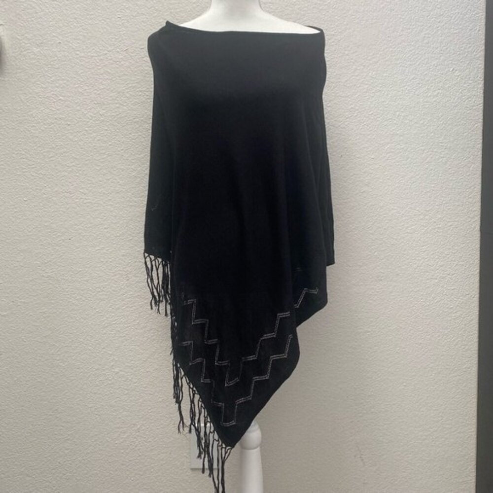 MAGGIE BARNES Silk Blend Sweater Poncho Cover Up with Fringe